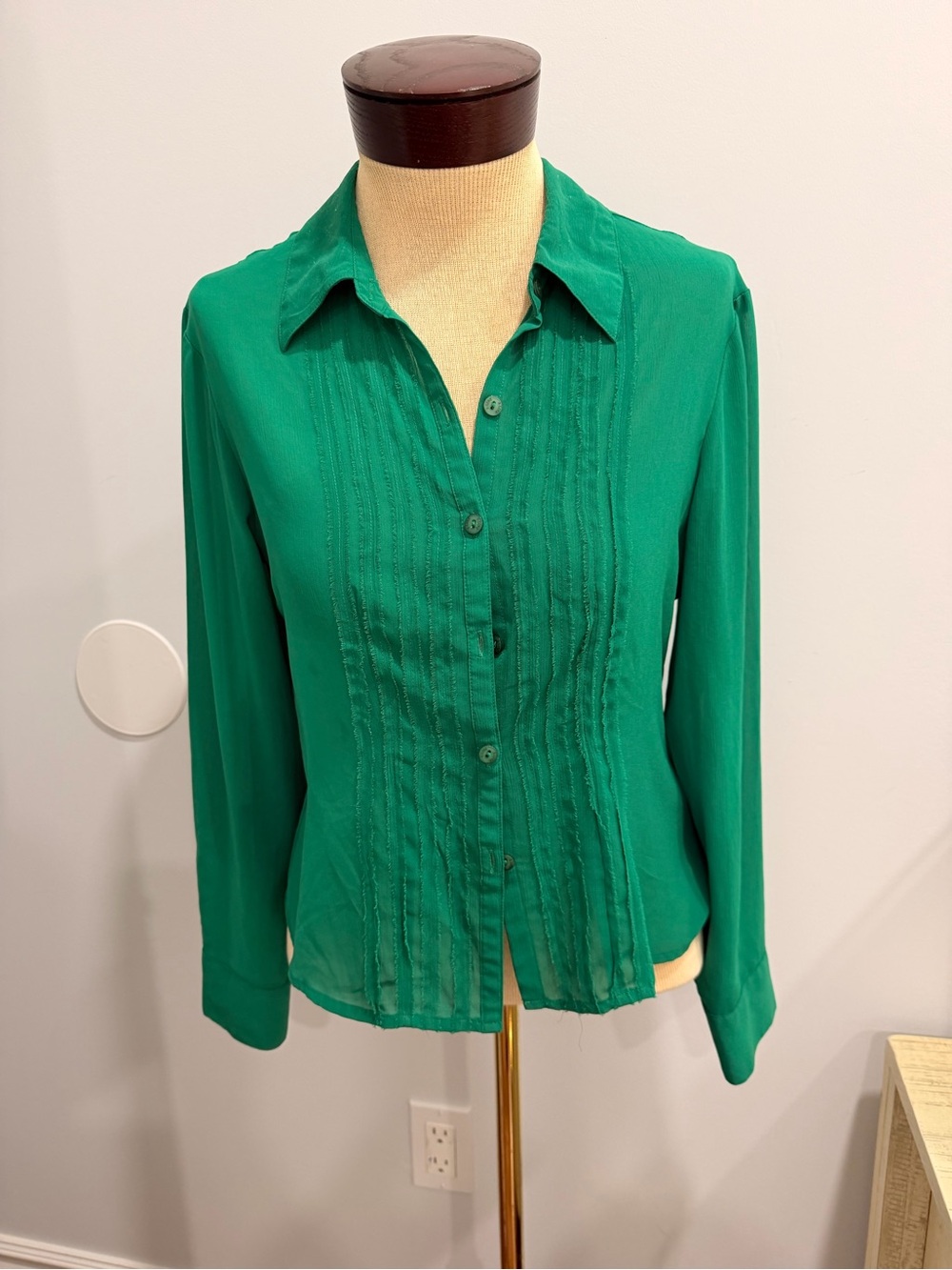 Green Button-Front Pintuck Blouse - Women's Top